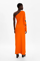 Women Ajoure - Asymmetrical Long Dress In Openwork Floral Knit For Women, Coral back worn view