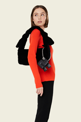 Women - Baguette Demi-Pull velvet bag, Black front worn view
