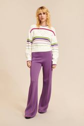Women - Long sleeve Pullover with openwork details and multicolored stripes, Ecru front worn view