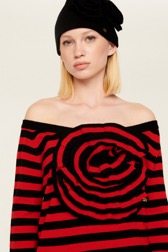 Femme Maille - Pull laine rayé fleur en relief femme, Noir/rouge vue de détail 2