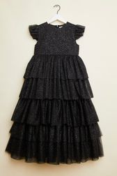 Girls - Girl Long Ruffled Dress, Black front view