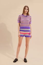Women Pastel Multicolor Striped Wool Shorts Lilac front worn view