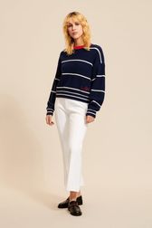 Women - Ivory Pullover with fine stripes and contrasting collar, Black/blue front worn view