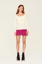 Women Maille - Women Plain Flower Sweater, Ecru front worn view