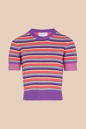 Women - Women Pastel Multicolor Striped Short Sleeve Sweater, Lilac front view