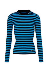 Women Raye - Women Multicoloured Striped Rib Sock Knit Sweater, Striped black/pruss.blue front view