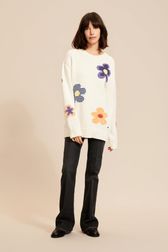 Women - Long Sleeve Sweater with Floral Pattern, Ecru front worn view
