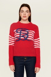 Women Maille - Women Tricolor Striped Sweater, Red front worn view