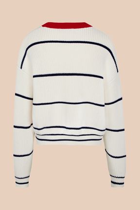Women - Pullover with fine stripes and contrasting collar, Ecru back view
