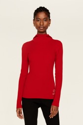 Women Maille - Ribbed Wool Hoodie, Red front worn view