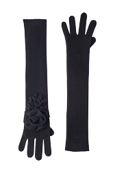 Femme Maille - Gants laine fleur en relief femme, Noir vue de face