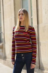 Women - Striped Sweater with Long Sleeves, Red front worn view