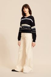Women - Long sleeve Pullover with openwork details and multicolored stripes, Night blue front worn view