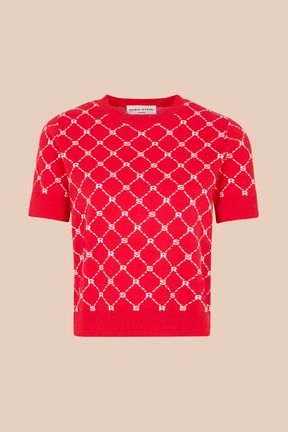 Women Jacquard Short Sleeve Sweater Red front view