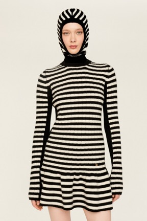 Women Black and White Striped Balaclava Black/white front worn view