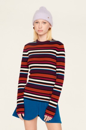 Women Maille - Women Ribbed Wool Sweater, Multico striped front worn view
