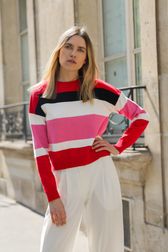 Women - Striped Long Sleeve Sweater, Red front worn view