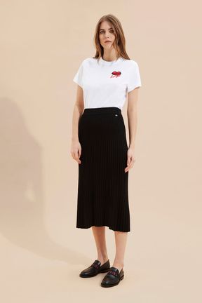 Women - Women Ribbed Knit Long Skirt, Black front worn view