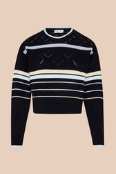 Women - Long sleeve Pullover with openwork details and multicolored stripes, Night blue front view