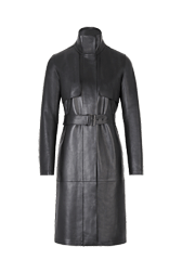 Femme Uni - Manteau long col montant en cuir noir, Noir vue de face