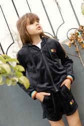 Children Black Velvet Zip-Up Sweatshirt Black front worn view