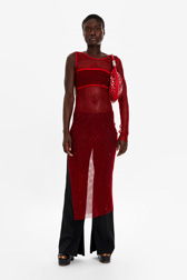 Women Mesh Asymmetric Slit Long Dress Red front worn view