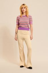 Women - Multicolored Stripes Short Sleeves Pullover, Lilac front worn view