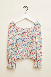 Girls - Floral Print Girl Blouse with Balloon Sleeves, Multico front view