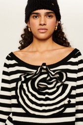 Femme Maille - Pull laine rayé fleur en relief femme, Raye noir/ecru vue de détail 3