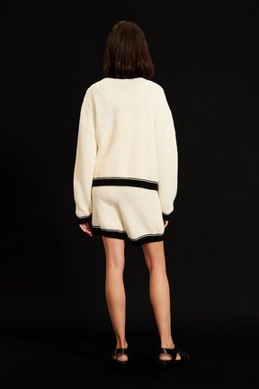 Women - Cotton knit jacket with contrasting collar and trim, Ecru back worn view