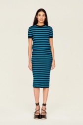 Women Raye - Women Poor Boy Striped Wool Maxi Skirt, Striped black/pruss.blue front worn view