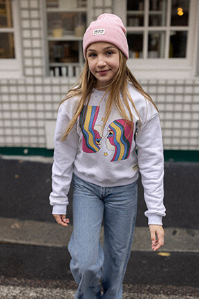 Girls Solid - Girl Printed Cotton Sweater - Bonton x Sonia Rykiel, Grey front worn view
