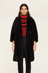 Women Solid - Women Velvet Long Coat, Black front worn view