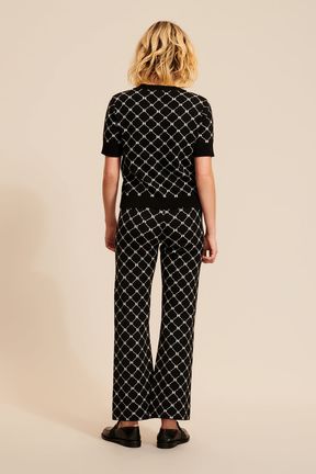 Women - Short Sleeve Jacquard Pullover, Black back worn view