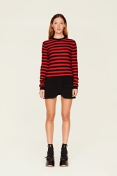 Women Brushed Poor Boy Striped Sweater Black/red front worn view