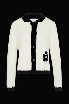 Women - Cotton knit jacket with contrasting collar and trim, Ecru front view