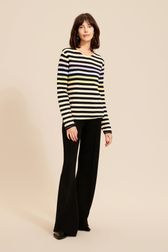 Women - Beige Signature Pullover with multicolor stripes, Night blue front worn view