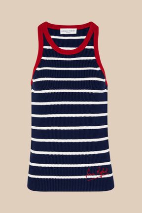 Women - Striped Tank top with contrasting neckline, Black/blue front view