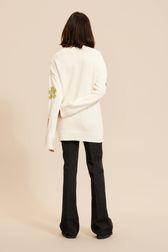 Women - Long Sleeve Sweater with Floral Pattern, Ecru back worn view