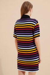 Women Multicolor Striped Oversize Polo Dress Black back worn view