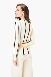 Women - Striped Cotton Sweater With Long Sleeves, Ecru back worn view