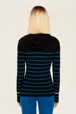 Women Maille - Ribbed Wool Hoodie, Striped black/pruss.blue back worn view