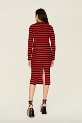 Women Raye - Women Poor Boy Striped Wool Maxi Skirt, Black/red back worn view