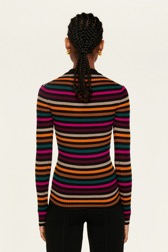 Women Stripped Sock Sweater Multi icon fuchsia strip. back worn view
