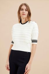 Women - Women Cotton Knit Short Sleeve Sweater, Ecru front worn view