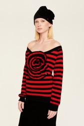 Femme Maille - Pull laine rayé fleur en relief femme, Noir/rouge vue de détail 3