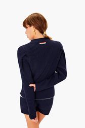 Women - Wool Cardigan SR, Black/blue back worn view