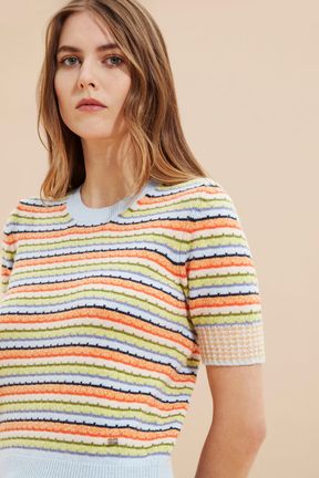 Women - Women Pastel Multicolor Striped Short Sleeve Sweater, Multico details view 2