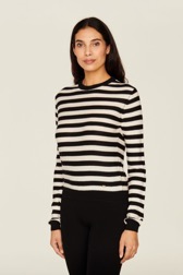 Women Brushed Poor Boy Striped Sweater Black/white details view 1