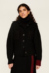 Women Two-Tone Knitted Bomber Jacket Black front worn view
